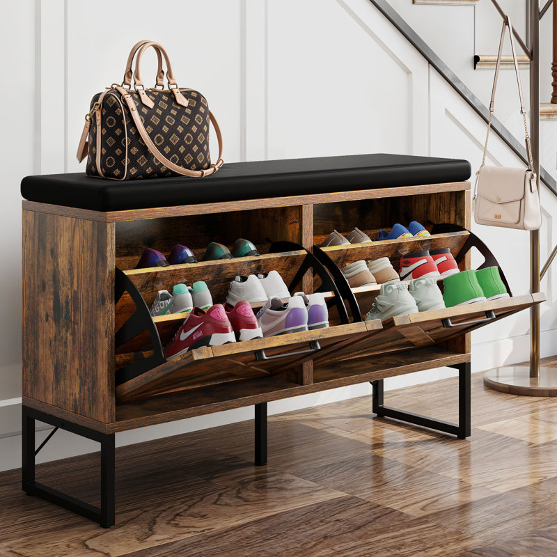 2 Tier Flip Drawers Storage Shoe Bench Cabinet Rack Organizer with Padded Seat Cushion for Entryway Living Room Bedroom Gracie Oaks Finish Rustic